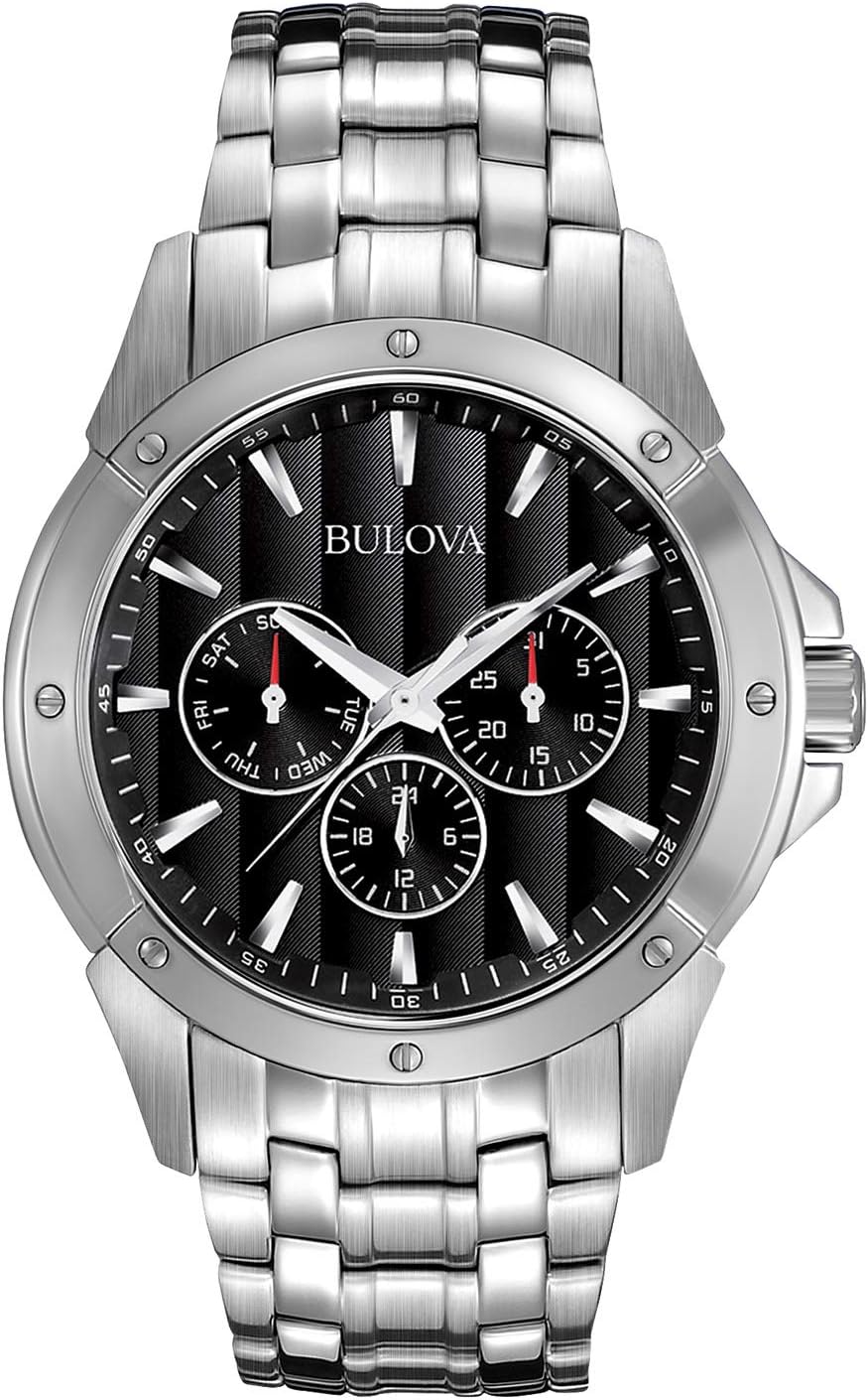 Bulova Men's Classic Dress 6-Hand Multi-Function Day/Date Quartz Watch, Black Patterned Dial, 43mm