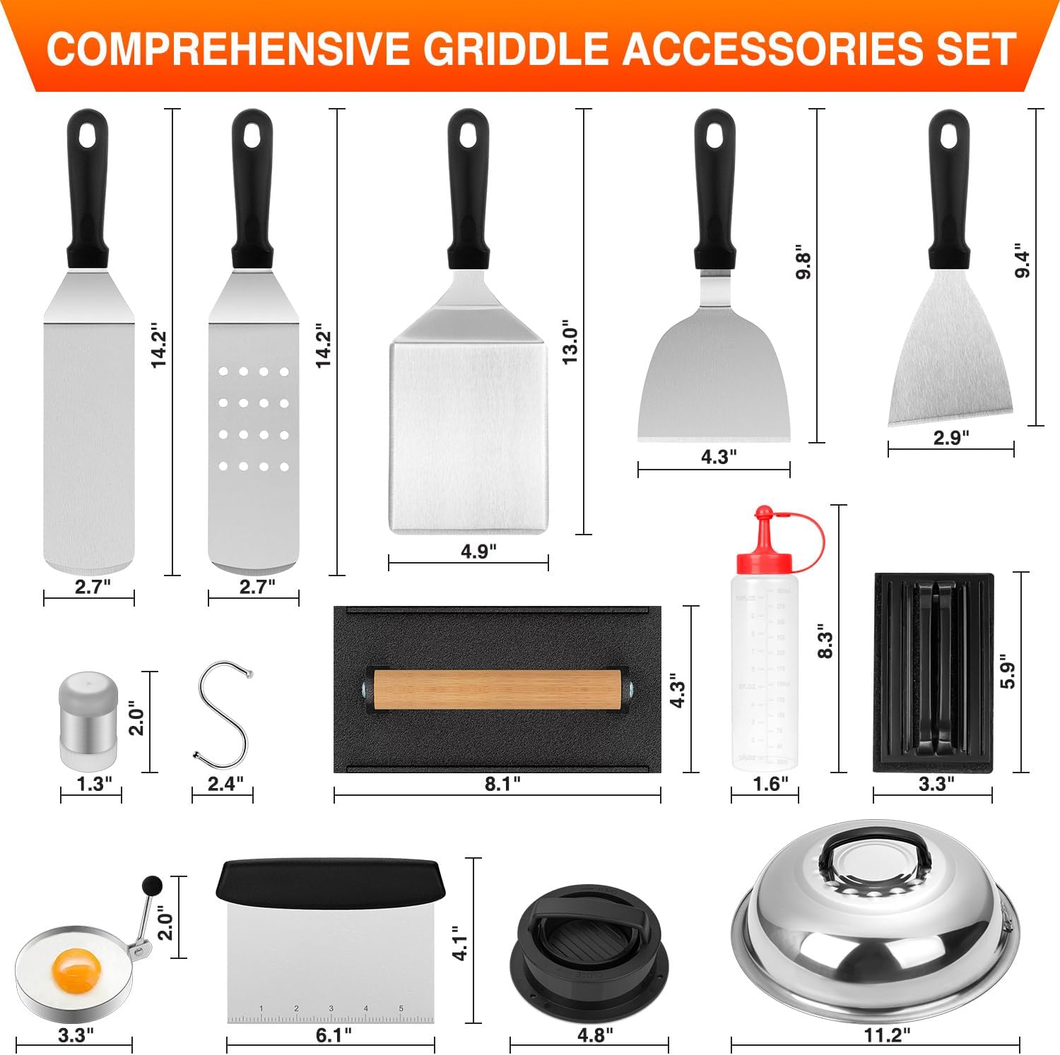 Griddle Accessories Kit, 25PCS Flat Top Grill Accessories Set for Blackstone and Camp Chef, Grill Spatula Set with Enlarged Spatulas, Basting Cover, Scraper, Carry Bag for Outdoor BBQ