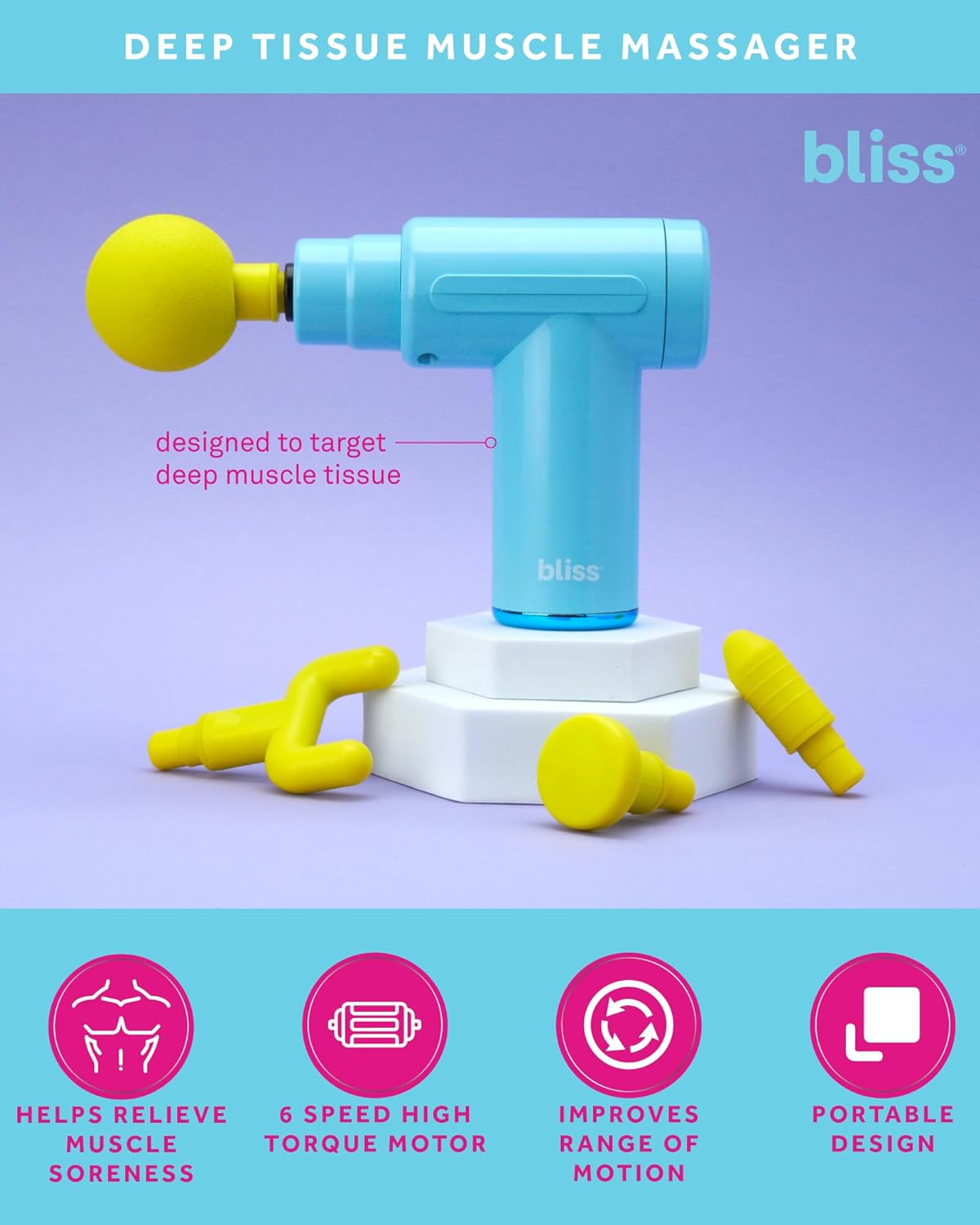 Bliss Massage Gun - Portable Deep Tissue Muscle Massager - Percussion Mini Massage Gun with 4 Head Options and Travel Case, Candy Blue