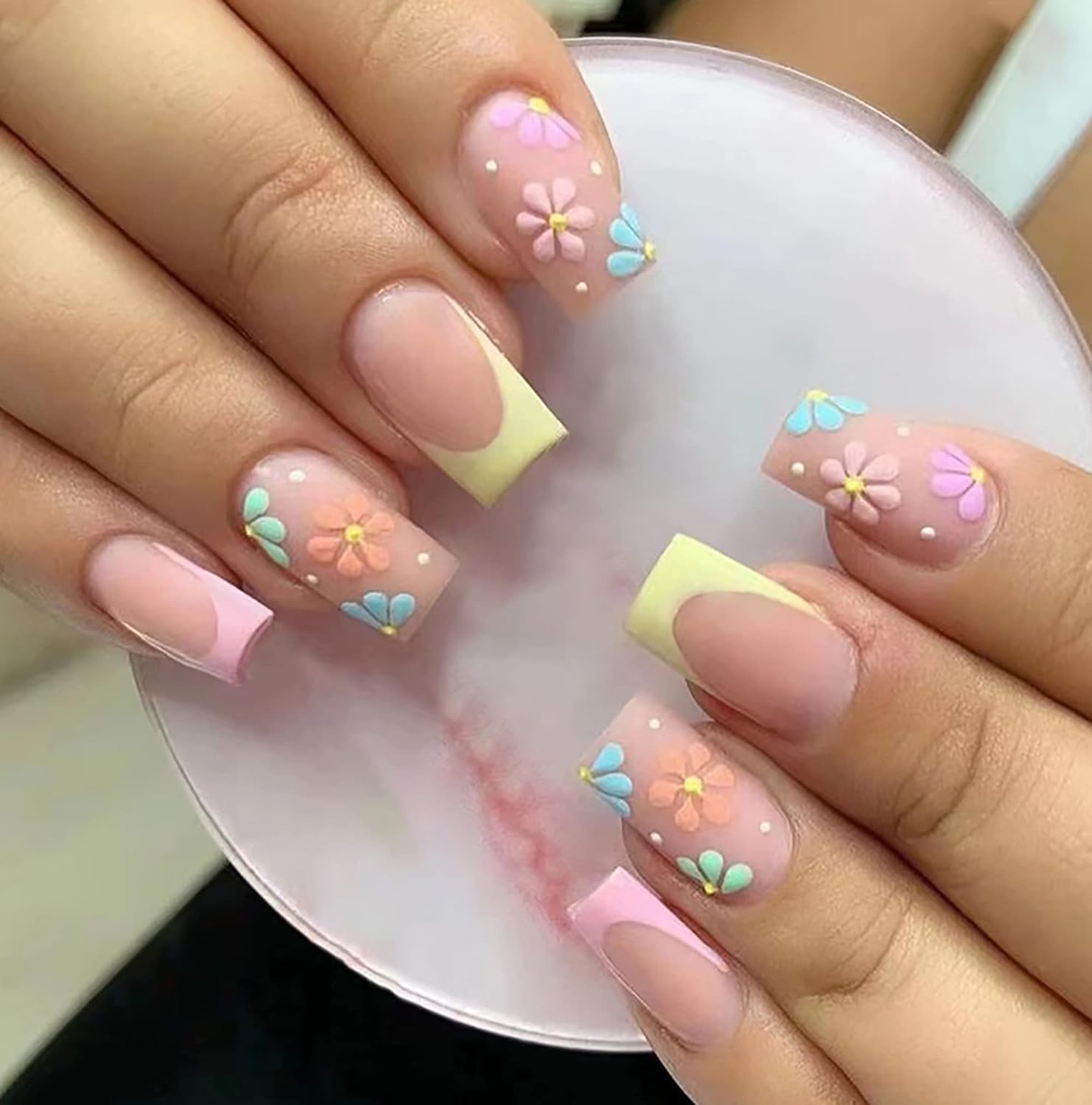 French Tip Press on Nails Square Fake Nails Medium False Nails with Colorful Flower Design Spring Summer Cute Floral Acrylic Nails Full Cover Glossy Artificial Nails Stick on Nails for Women 24Pcs