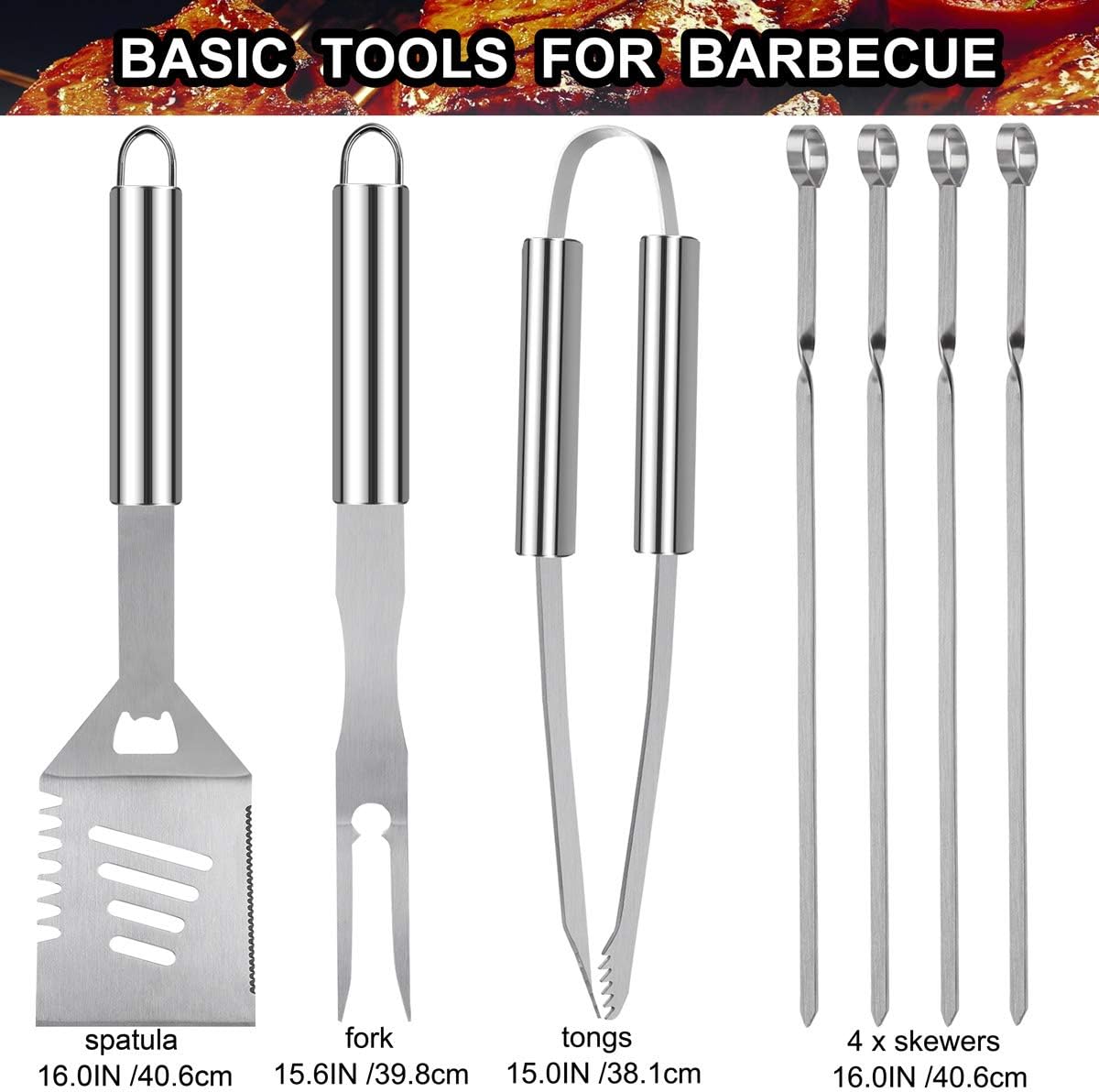 grilljoy 20PCS Heavy Duty BBQ Grill Tools Set - Extra Thick Stainless Steel Spatula, Fork& Tongs. Complete Barbecue Accessories Kit in Aluminum Storage Case - Perfect Grill Gifts for Men