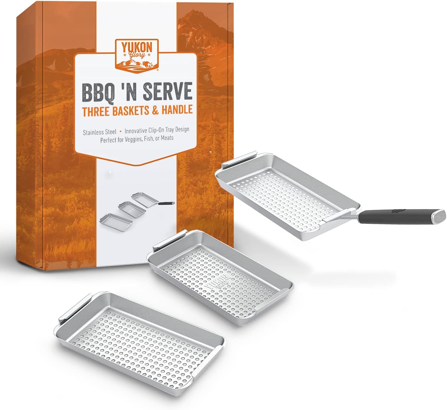 Yukon Glory™ BBQ 'N SERVE Grill Basket Set - Includes 3 Grilling Baskets & Clip-on Handle - Revolutionary Patent Pending Grill to Table Design Perfect Grill Pan For Grilling Fish Veggies & Meats