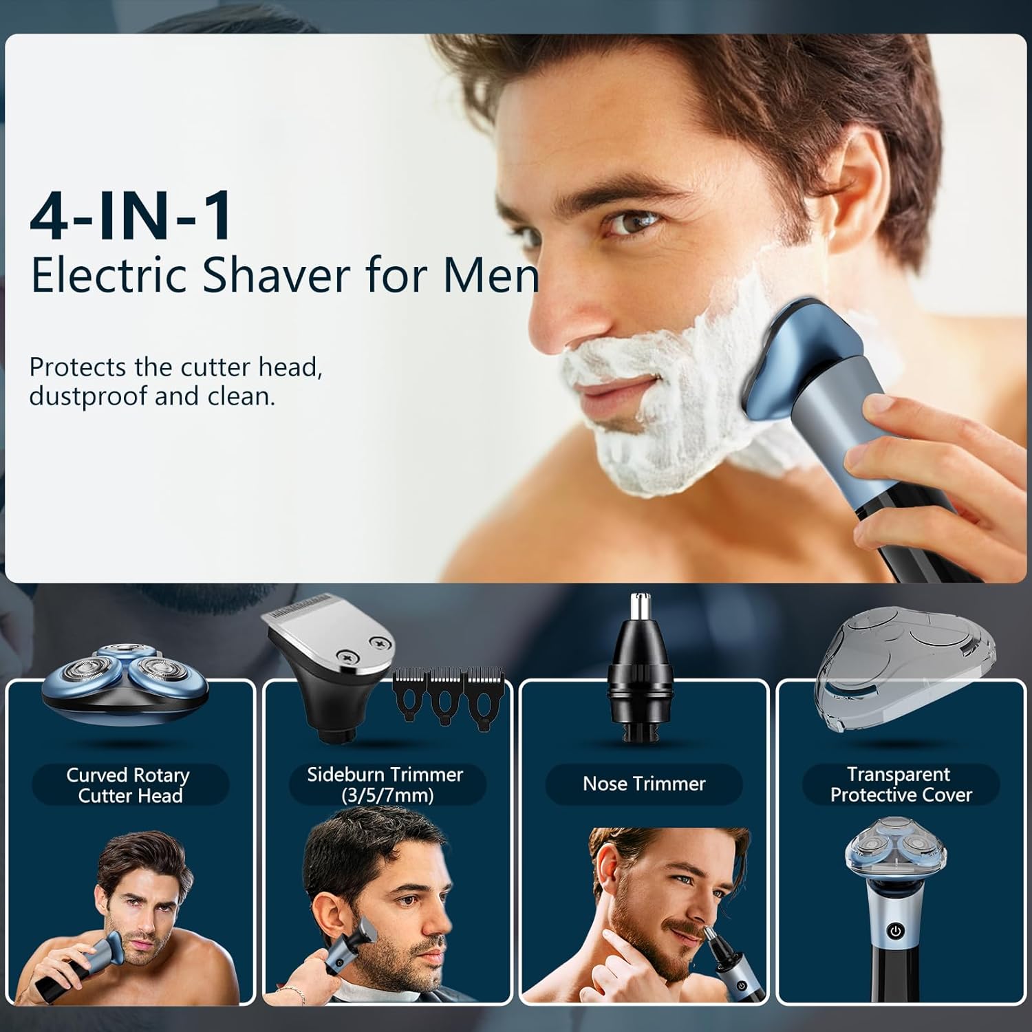 Electric Razor for Men, 4 in 1 Men's Electric Shavers IPX7 Wet and Dry 3D Rotary Razors for Shaving Cordless Rechargeable Pop-up Trimmer with LCD Display Sideburn Nose Trimmer, Fast Charging