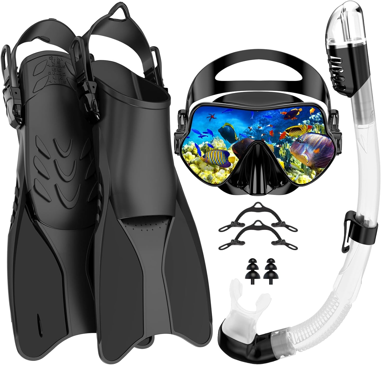 Bairuifu Upgraded Frameless Mask Snorkel Set with Fins for Adults, Dry Top Snorkel, Panoramic Anti-Leak, Anti-Fog, 100% Food Grade Silicone, Lap Swimming Scuba Diving Travel