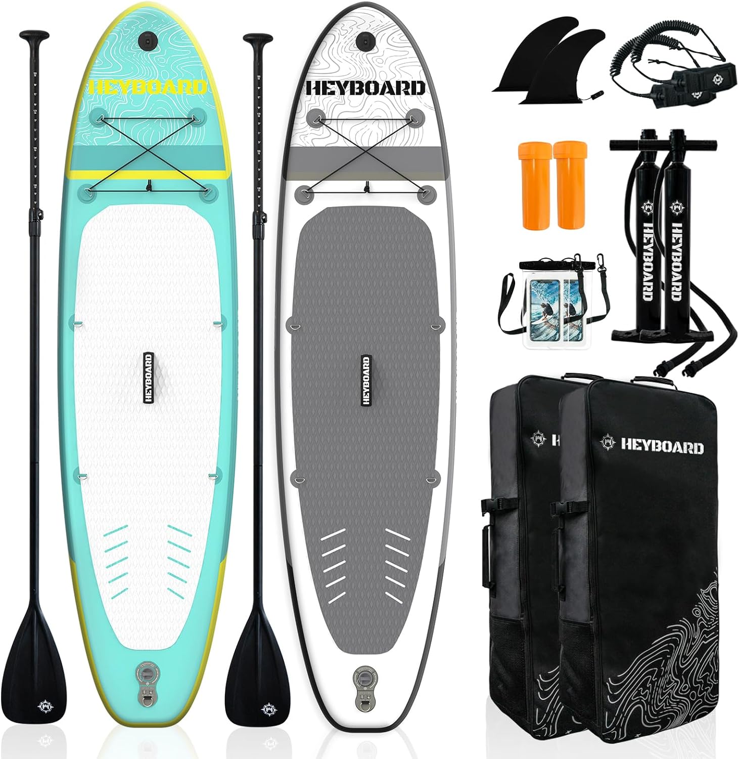 2-Pack HEYBOARD Inflatable Stand Up Paddle Board 10'6"x32"x6" Grey & Mint Green Patterned