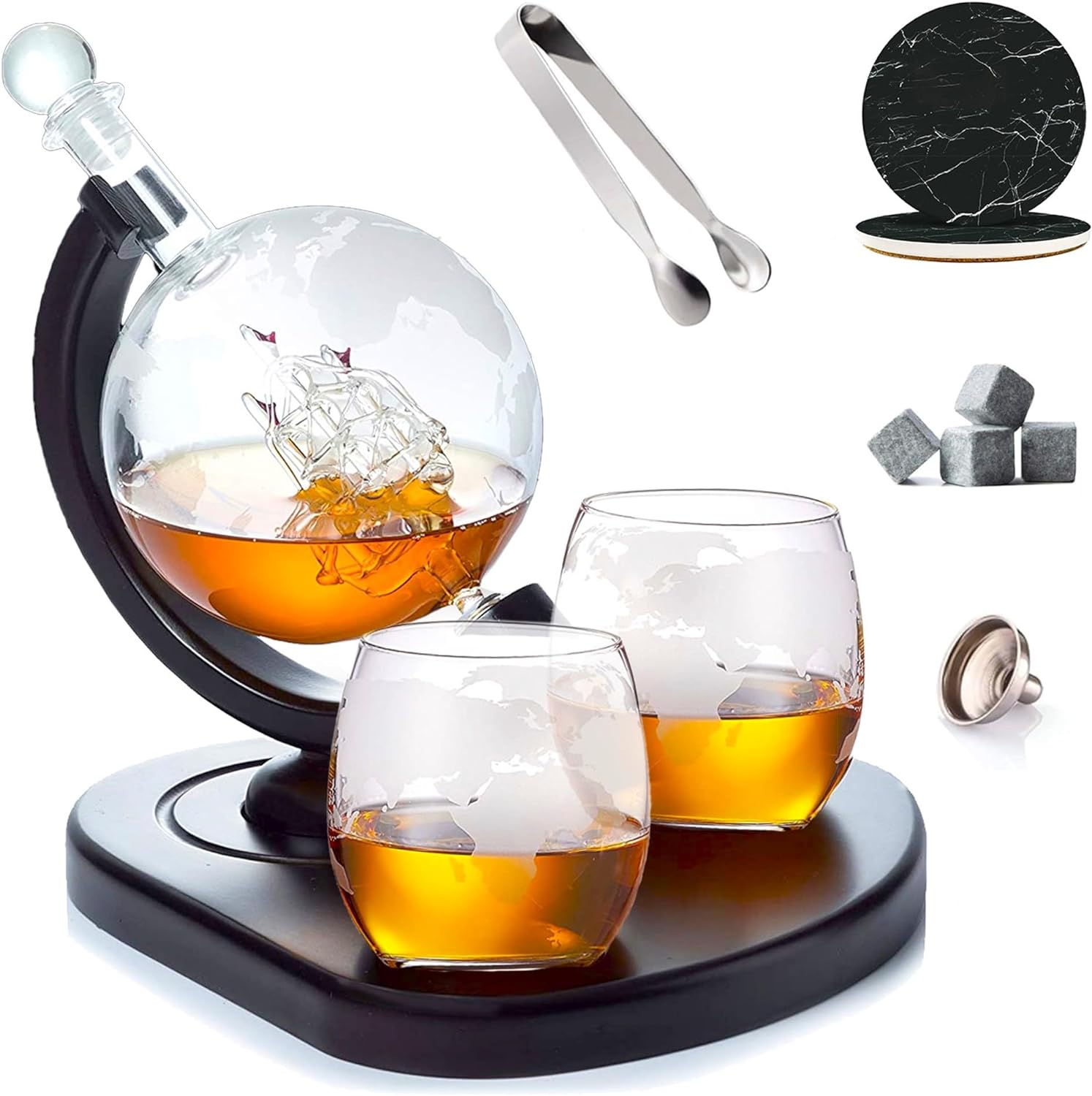 Father's Day Whiskey Decanter Globe Set with 2 Etched Globe Whisky Glasses | Whiskey Stones, Ice Tong, Coasters, Funnel - Gifts For Men Dad, Husband - Liquor, Bourbon, Scotch, Vodka with a Wood Stand