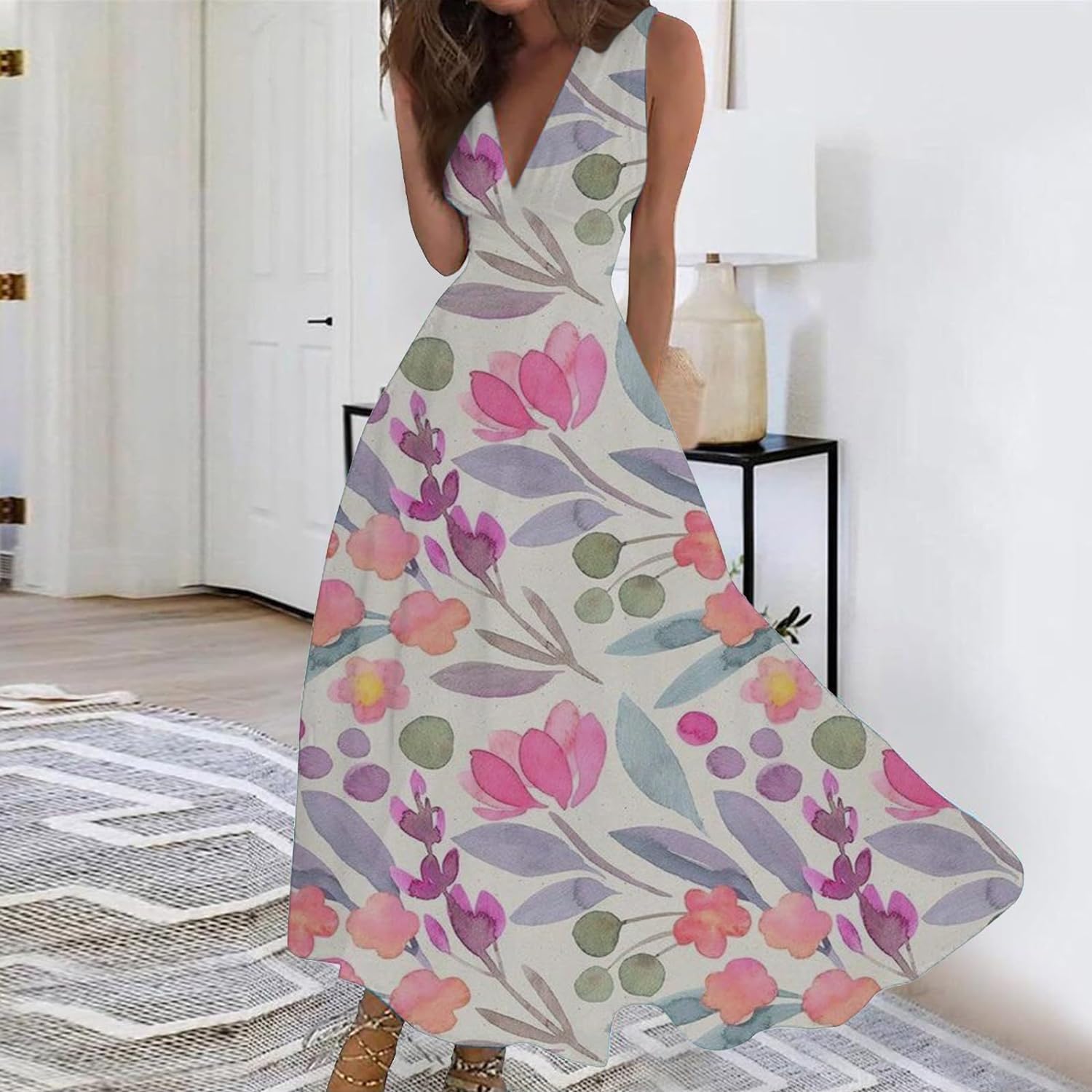 Flowy Swing Sundress Women 2024 Spring Summer Elegant Wrap V Neck Sleeveless Maxi Dress Trendy Floral Print Dresses