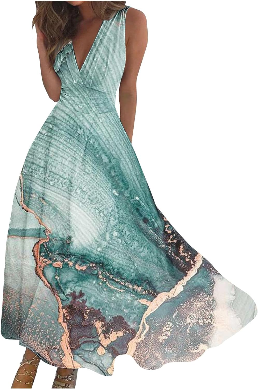 Summer Dresses for Women 2024, Marble Floral Print Deep V Neck Sleeveless Maxi Dress Trendy Flowy Beach Sundresses