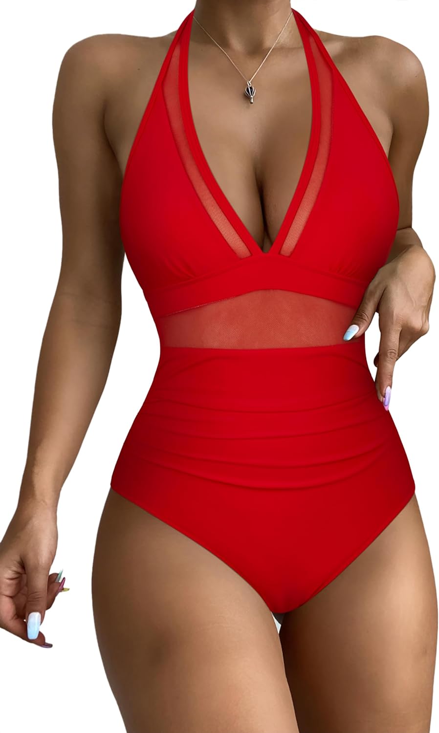 RXRXCOCO Women Sexy V Neck Mesh One Piece Bathing Suit Halter Push Up Tummy Control Swimsuit Swimwear