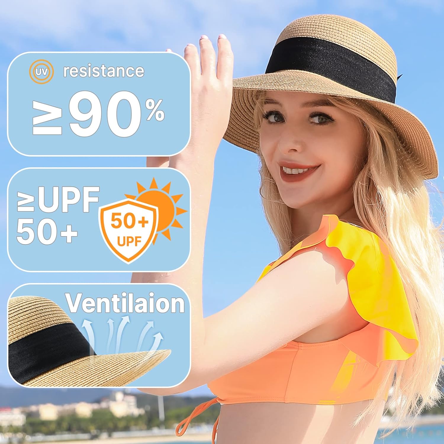 Beach Sun Hats for Women, Straw Hat for Women UPF 50+ UV Sun Protection Summer Hat Foldable Roll up Cap