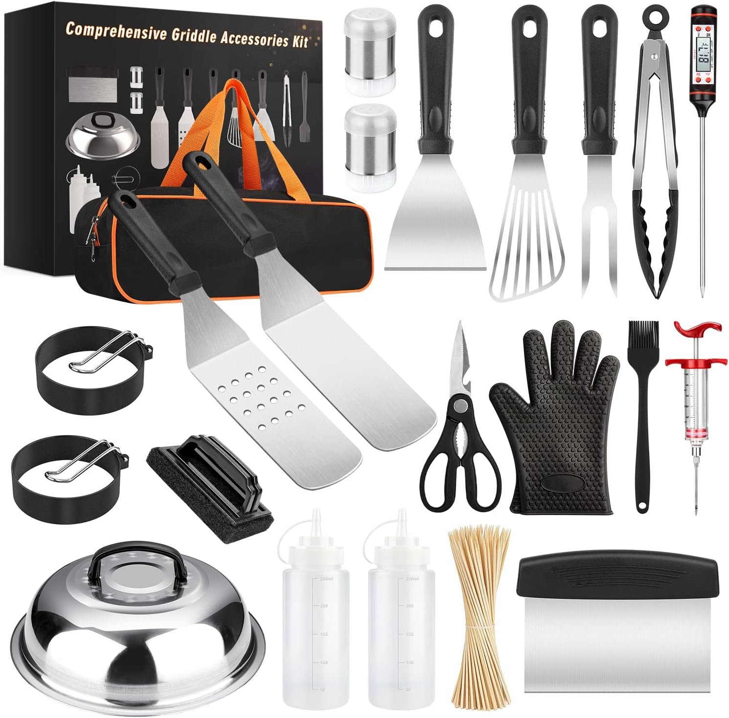 Griddle Accessories Kit, 121 Pcs Griddle Grill Tools Set for Blackstone and Camp Chef, Professional Grill BBQ Spatula Set with Basting Cover, Spatula, Scraper, Bottle, Tongs, Egg Ring