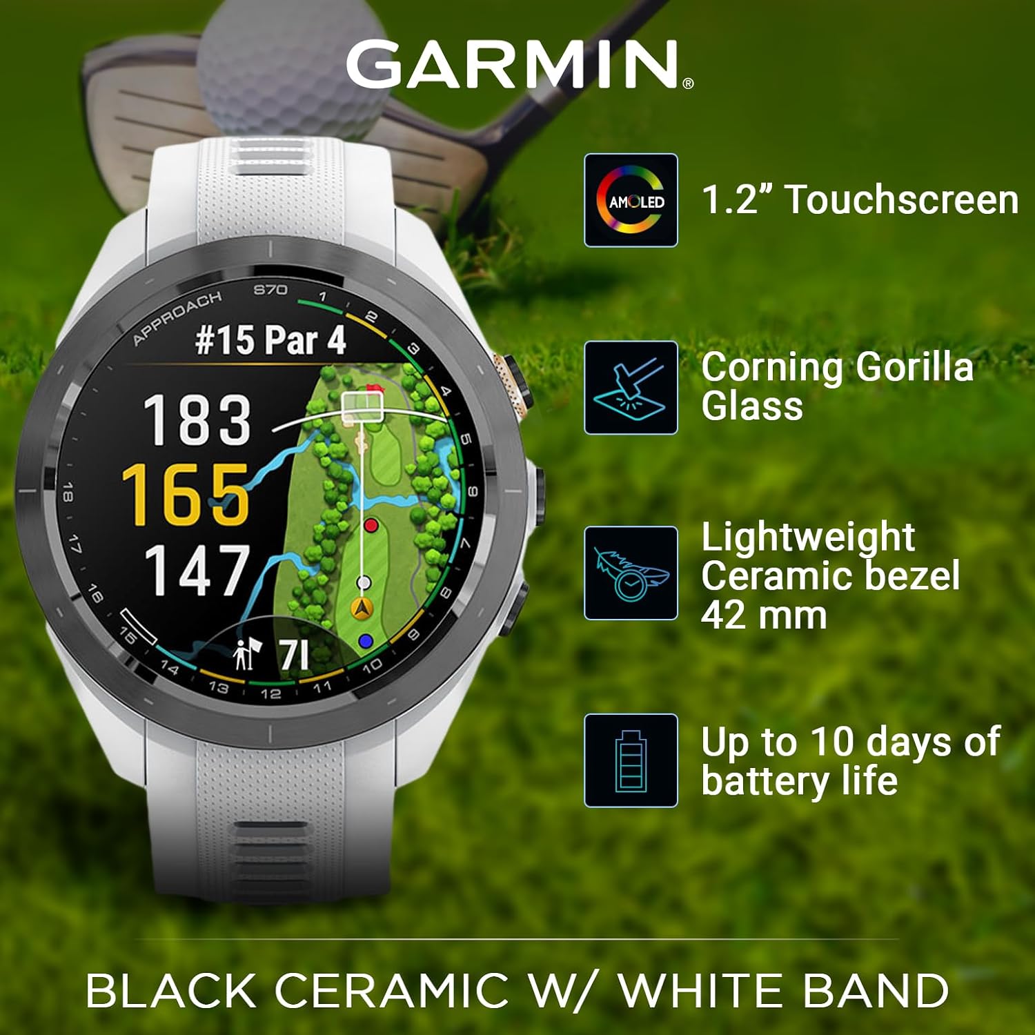 Wearable4U - Garmin Approach S70 - Ceramic 42 mm Golf: 1.2" AMOLED Display Up to 10 Days Battery Life, Multisport High-Performance Multi-Band GPS Premium Smart Watch w/ 43K+ Golf maps & Gift Bundle