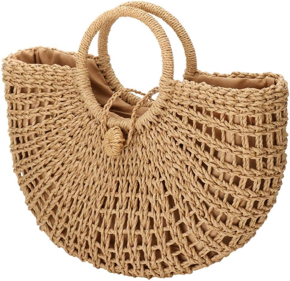 YYW Straw Bags for Women,Hand-woven Straw Top-handle Bag with Round Ring Handle Summer Beach Rattan Tote Handbag