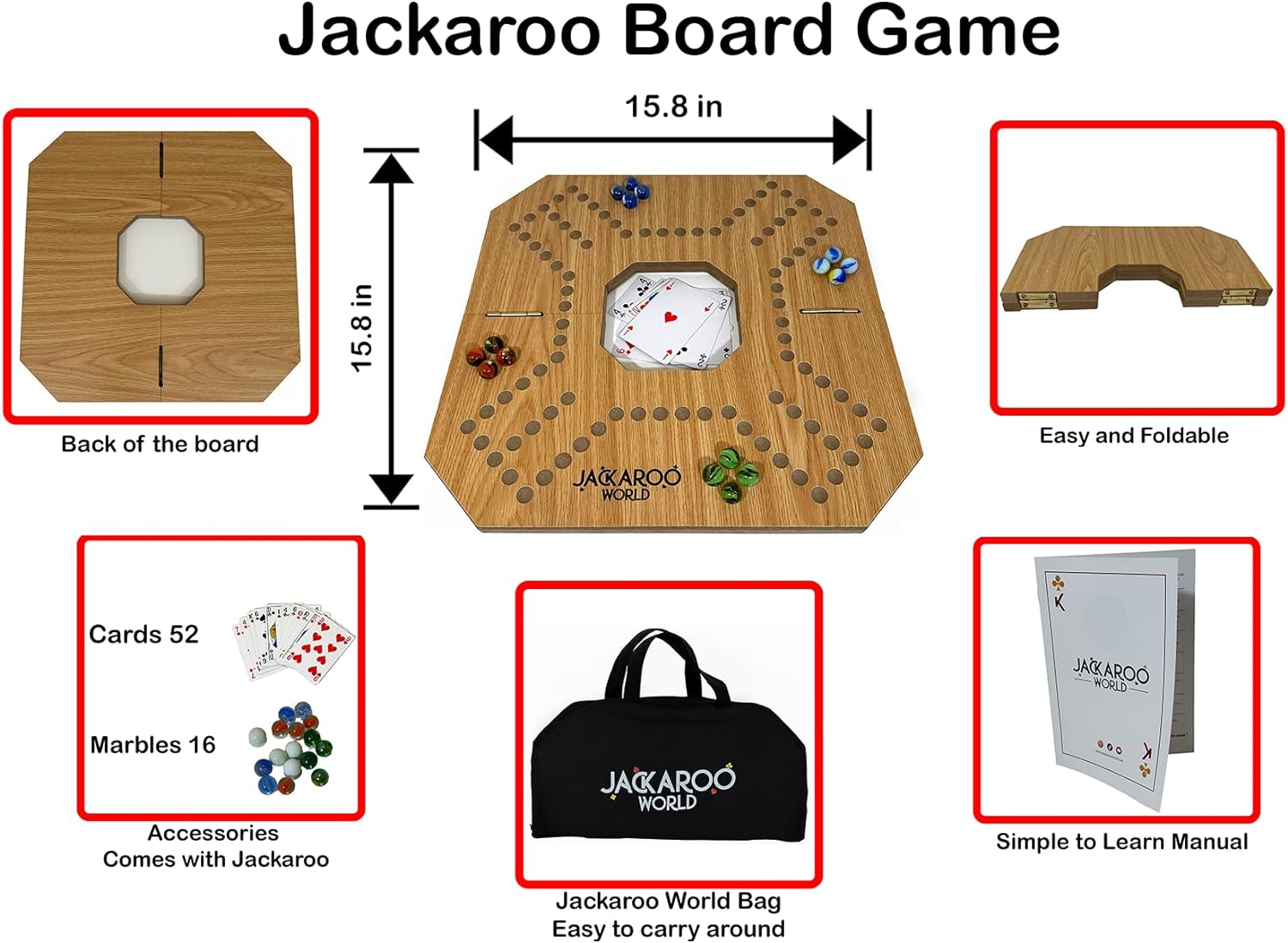 Jackaroo Board Game - Strategy, Competitive, Fun 2-4 Player Marbles and Card Game for Family, Friends, Kids & Adults - Classic Original Game - Wooden Board Foldable and Open in The Middle (Oak)