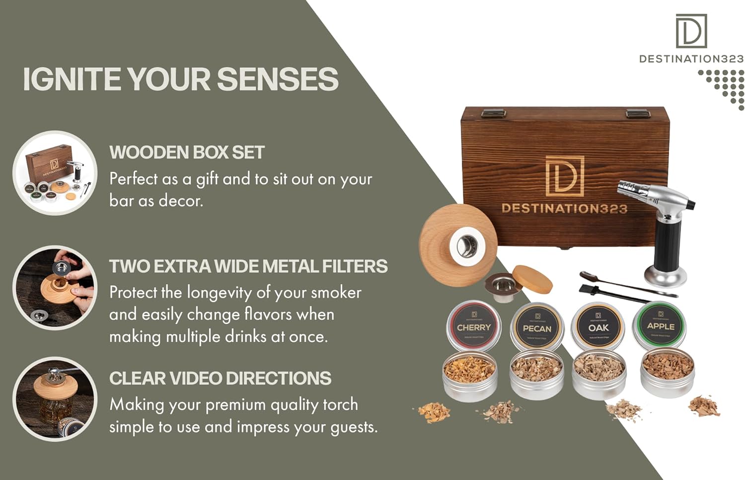 Whiskey Smoker Kit with Torch Premium, Smoked Old Fashioned Kit, Cocktail Smoker Kit with Torch, 4 Flavors Wood-Chips, Bourbon Smoker Kit with Torch, Gift for Man with Wooden Gift Box, Butane Separate