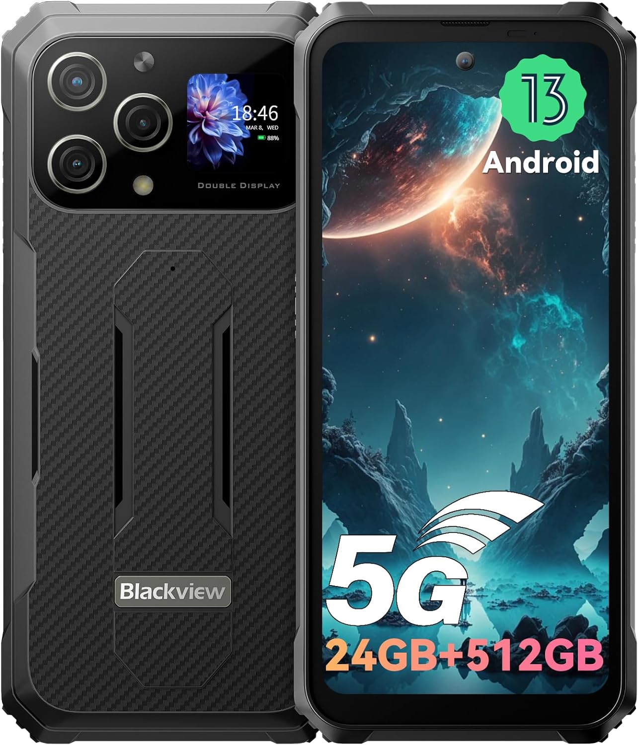 Blackview BL8000 5G Rugged Smartphone, 24GB+512GB SD 2TB Rugged Phones, 6.78" 2.4K 120Hz Android 13 Phones +1.32" Back Display, 50MP+16MP Camera, 8800mAh/33W, IP68 Waterproof, 5G LTE, Fingerprint/NFC