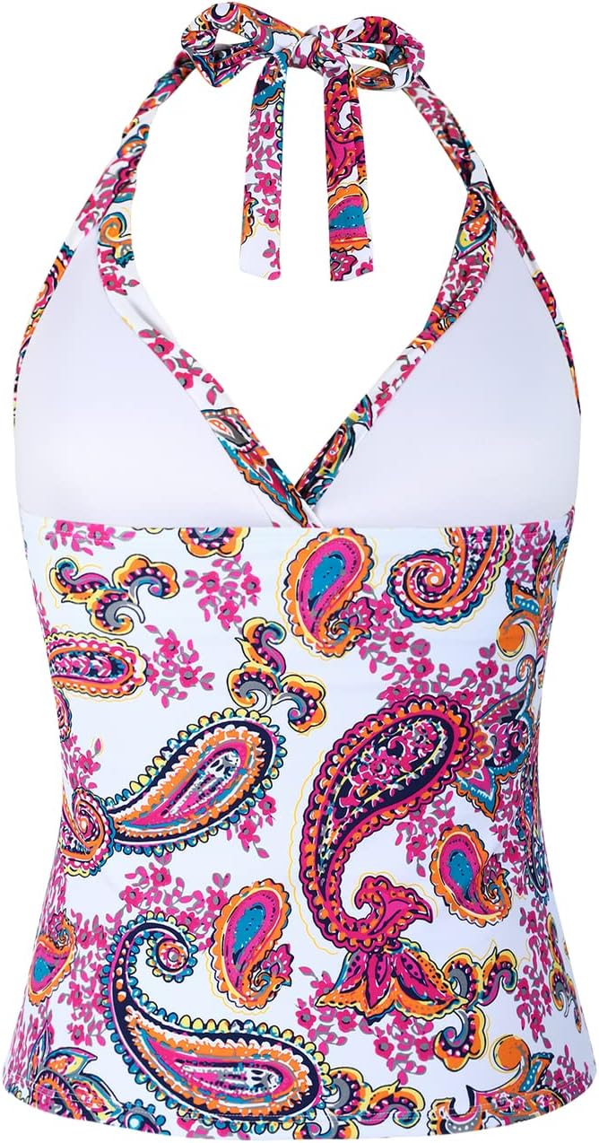 Hilor Women's Tankini Bathing Suit Plunging V Neck Halter Swim Tops Shirred Tummy Control Tankini Top