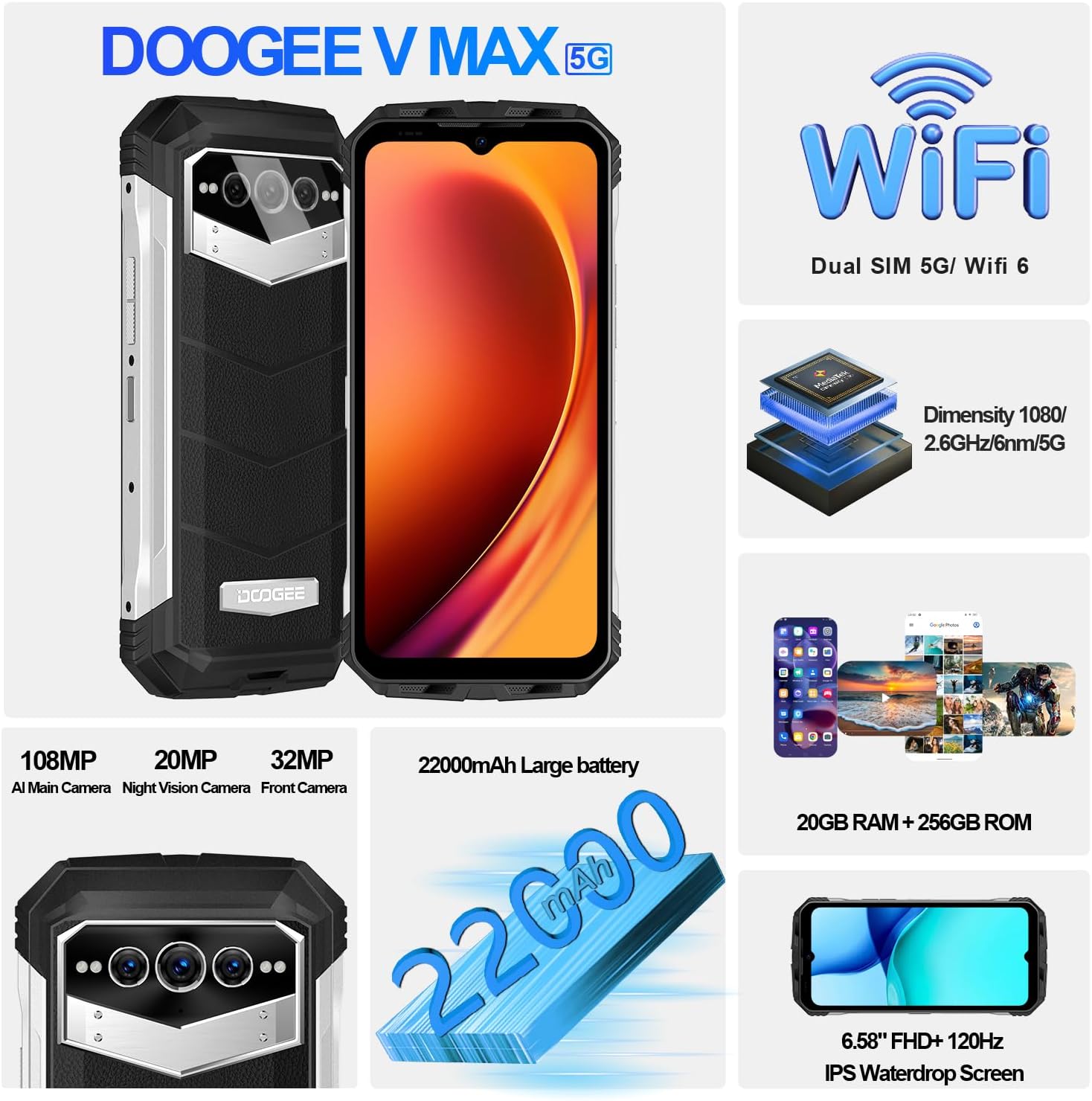 DOOGEE V MAX 5G Rugged Smartphone, 22000mAh Battery 20(12+8) GB+256GB 120Hz 6.6" FHD+ Display Rugged Phones Unlocked,108MP Main Camera Rugged Cell Phone, Dual Hi-res Speakers,Night Vision,NFC/OTG