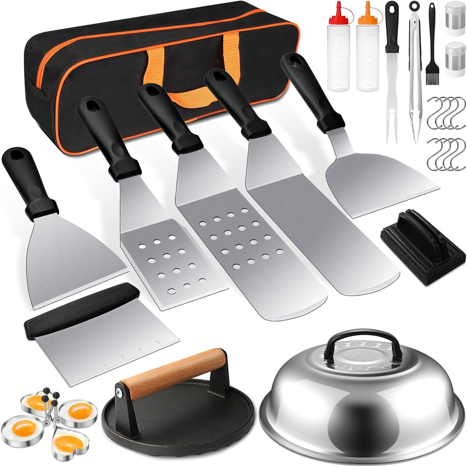 Griddle Accessories Kit, Terlulu 29 PCS Flat Top Grill Accessories for Blackstone and Camp Chef, Metal Spatula Set with Burger Press, Melting Dome, Scraper, Tongs, Carry Bag for Outdoor Grilling BBQ