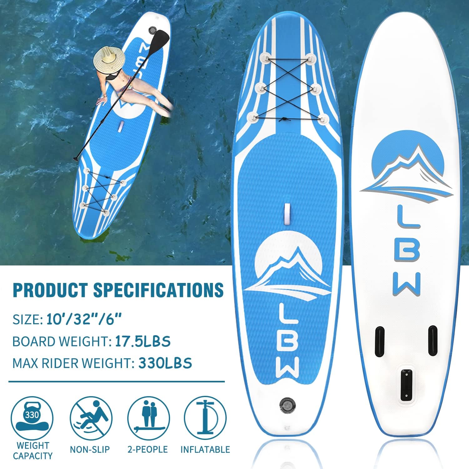 LBW Inflatable Stand Up Paddle Board with Paddle Board Accessories, Adjustable Floating SUP Paddle, Hand Pump, Removable Fin, Waterproof Backpack, Ankle Leash, Wrench, Non-Slip Deck