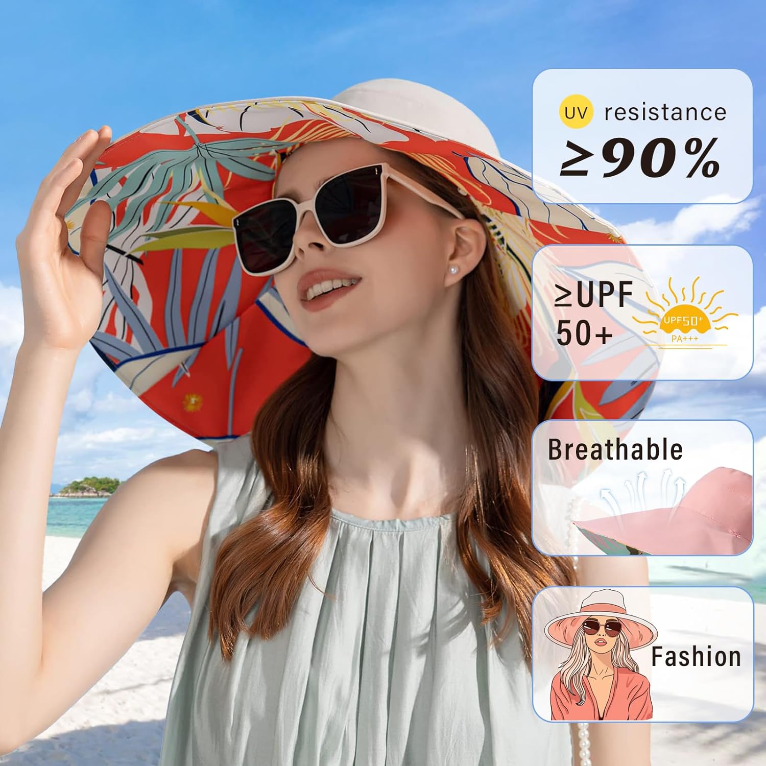 Womens Sun Floppy Hat Wide Brim UV Sun Protection Summer Hat Reversible Foldable Beach Hats for Women