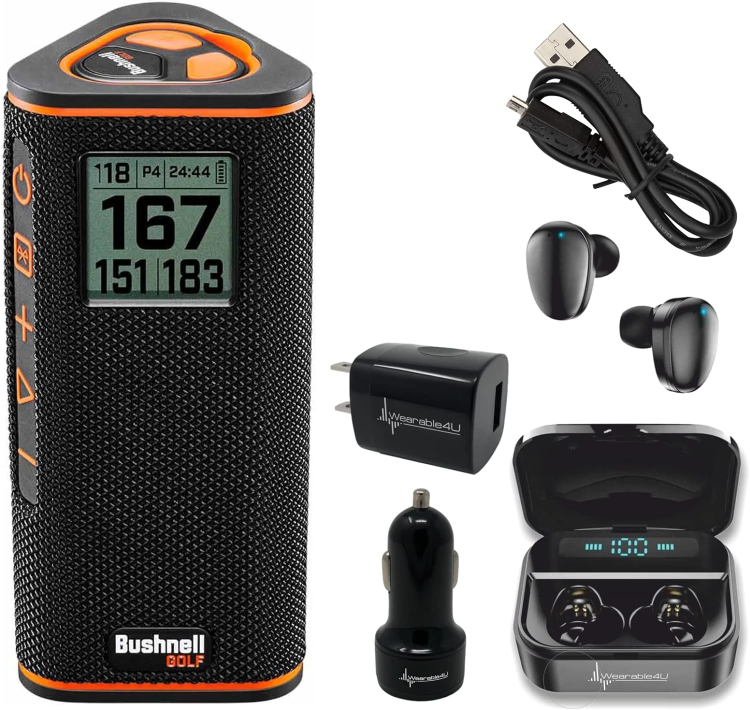 Wearable4U - Bushnell Wingman View Golf GPS Bluetooth Speaker with Ultimate Black Earbuds and Wall and Car Chargers Bundle