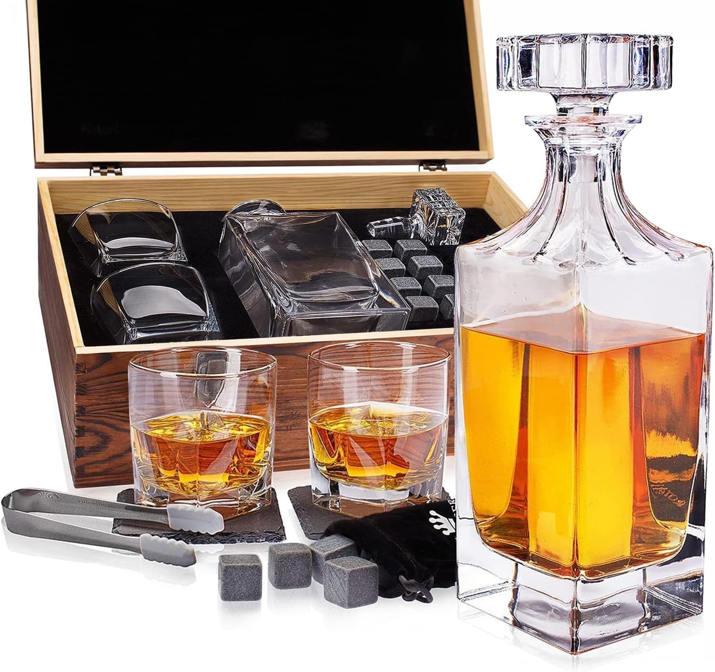 Whiskey Decanter Father's Day Gift Set by Royal Reserve – Artisan Crafted Liquor Bourbon Decanter with Glasses, Chilling Stones, Coasters, and Tong – for Men, Husband, Dad, Friend