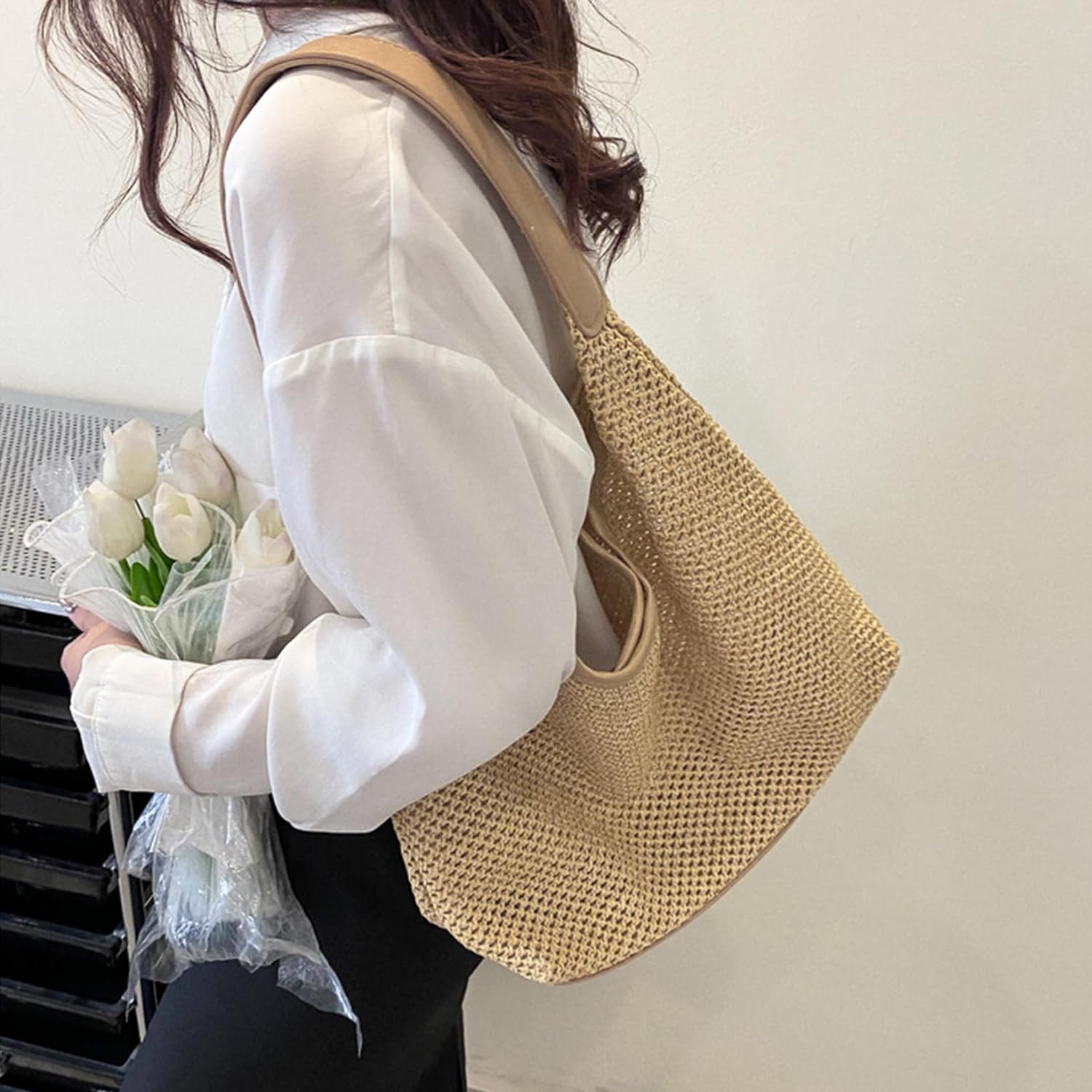 Casual Stylish Straw Bag,Beach Bag Summer Purse Straw Shoulder Bag Straw Woven Handbag For Beach Vacation mesh beach bag