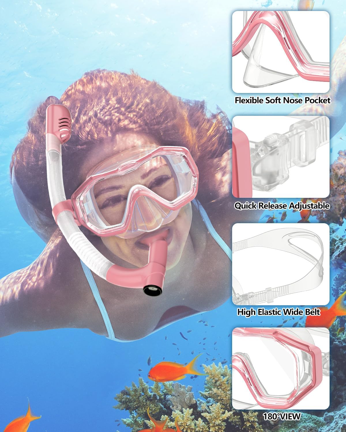 W WSTOO Snorkeling Gear for Kids and Adults,Snorkel Mask Panoramic Anti-Leak and Anti-Fog Three-Lens,Dry Top Scuba Diving Mask,Adjustable Snorkel Set for Snorkeling Swimming Diving