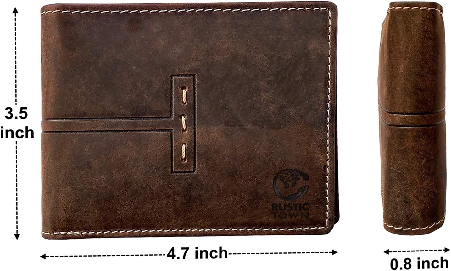 RUSTIC TOWN Full Grain Leather Wallet for Men | RFID Protecting | Handmade Vintage Bifold Travel Wallet | Slim Billfold with Credit Card Slots and Coin Pocket | Gift for Him