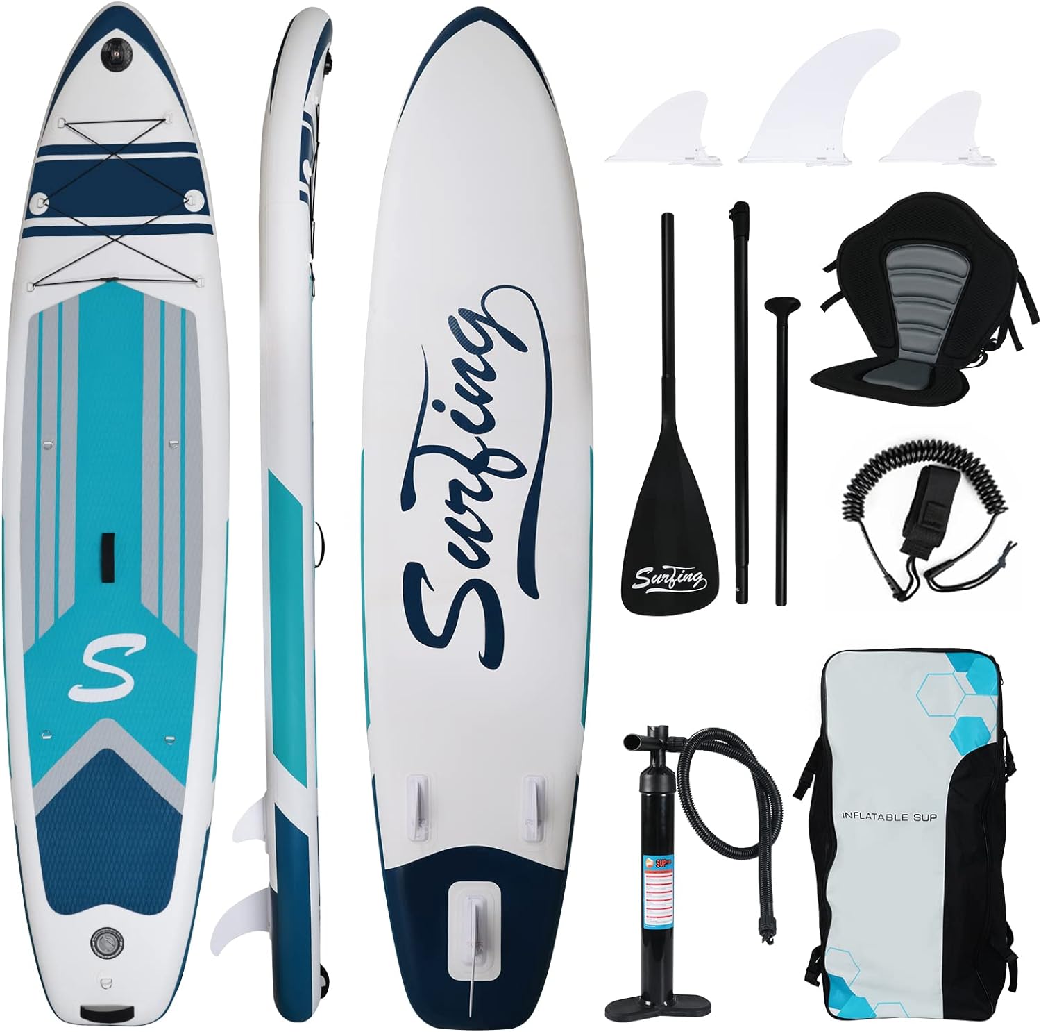 YUSING Inflatable Paddle Board with Seat, 11' x 32'' x 6" SUP, Paddle Boards for Adults, Non-Slip Deck SUP Paddle Board with Premium Kayak and SUP Accessories,3 Removable Fins