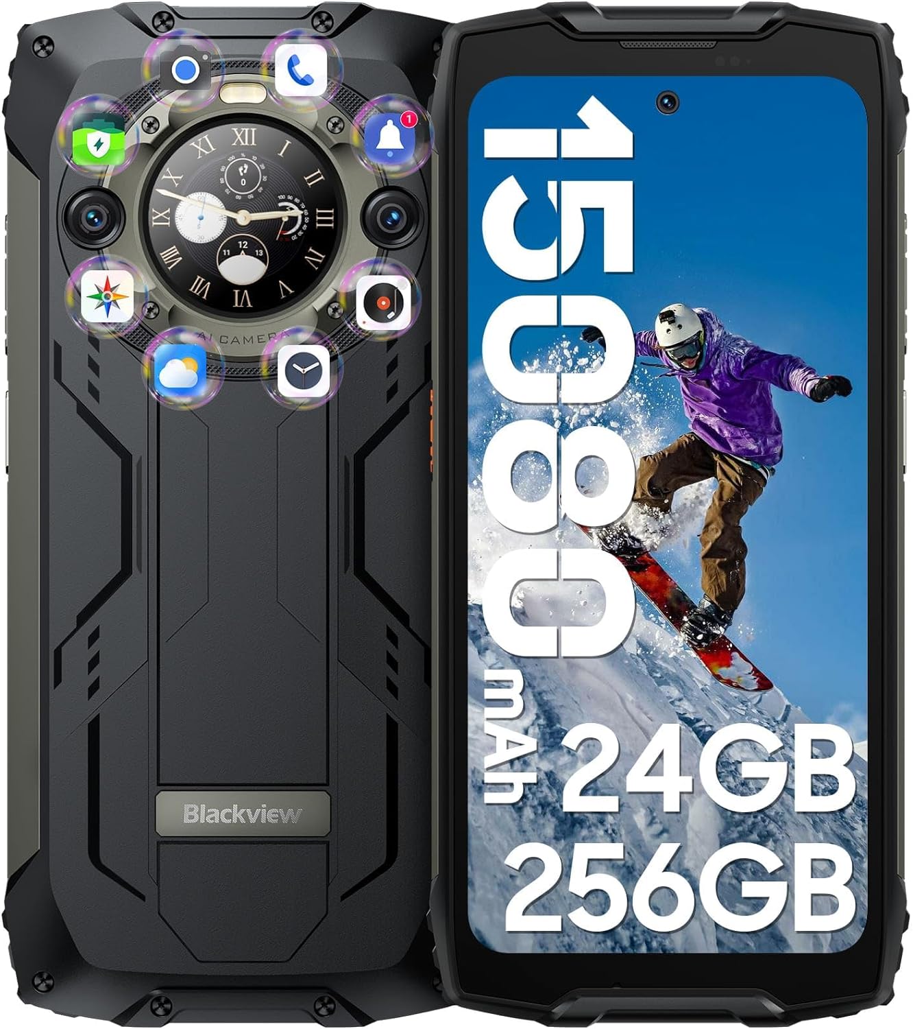 Blackview Phone BV9300Pro 24GB+256GB, Rugged phone 6.7“ 120Hz with 1.32" Customizable Secondary Screen, 15080mAh Battery 64MP+32MP+8MP Camera, 100LM Flashlight, Android 13 Helio G99,Fingerprint ID/NFC