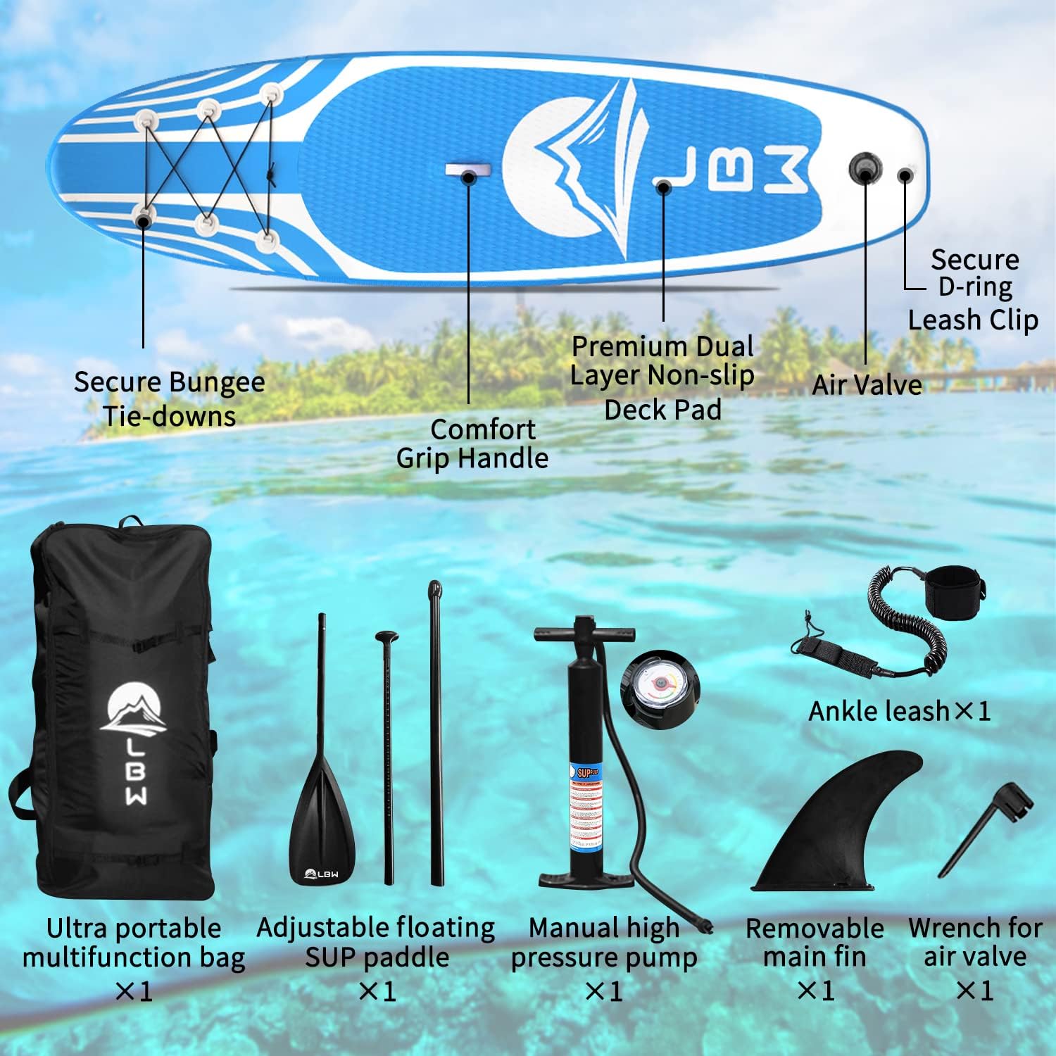 LBW Inflatable Stand Up Paddle Board with Paddle Board Accessories, Adjustable Floating SUP Paddle, Hand Pump, Removable Fin, Waterproof Backpack, Ankle Leash, Wrench, Non-Slip Deck