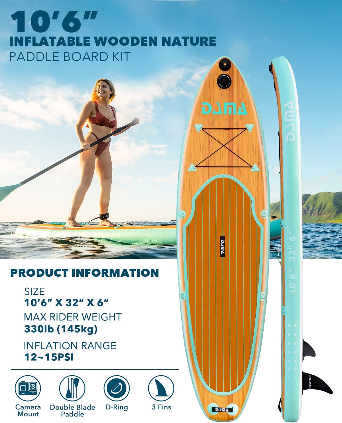 DAMA 9'6"/10'6"/11' Inflatable Stand Up Paddle Board, Yoga Board, Camera Seat, Floating Paddle, Hand Pump, Board Carrier, Waterproof Bag, Drop Stitch, Traveling Board for Surfing