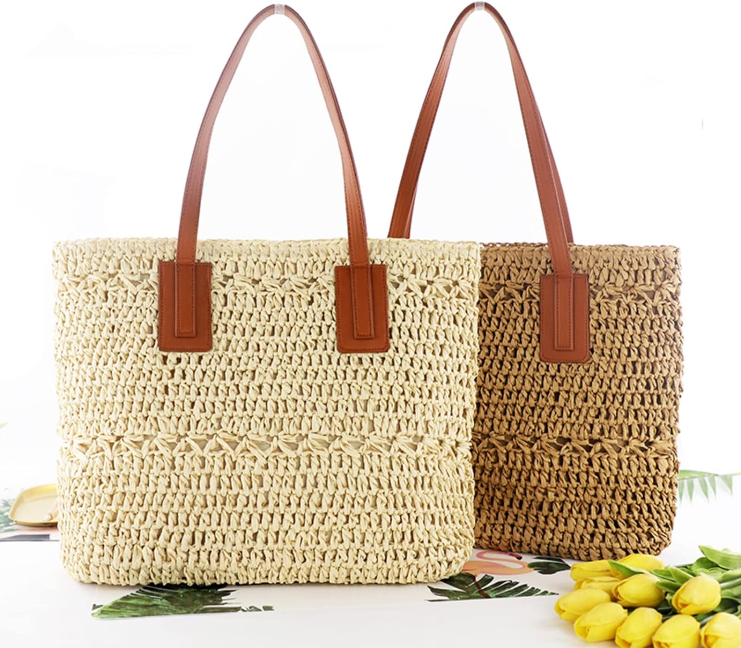 Straw Bag for Women Woven Beach Structured Tote Handmade Crochet Carteras De Mujer Summer Shoulder Bohemian Hobo Pom Travel