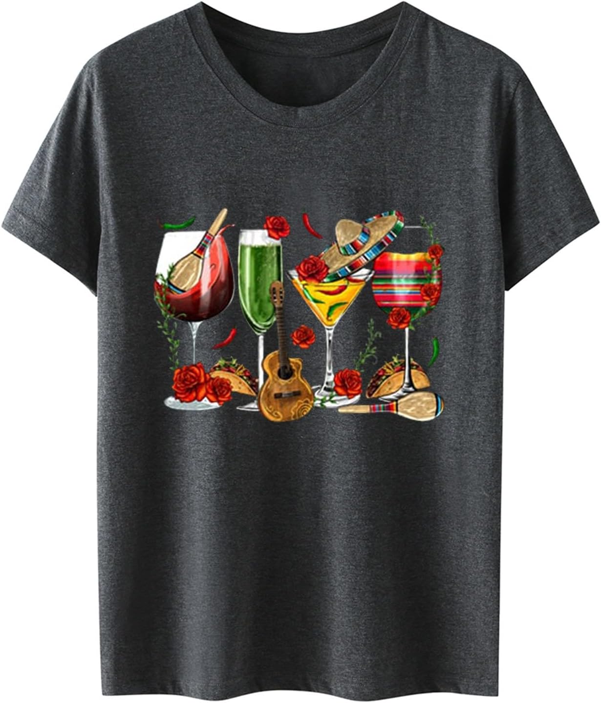 PKDong Graphic Tees for Women Cinco De Mayo Shirt Funny Women's Wine Glass Shirt Short Sleeve Tops Womens Graphic Tees Cinco De Mayo Shirts Plus Size Womens Summer Tops 2024 (A01 Dark Gray, Small)