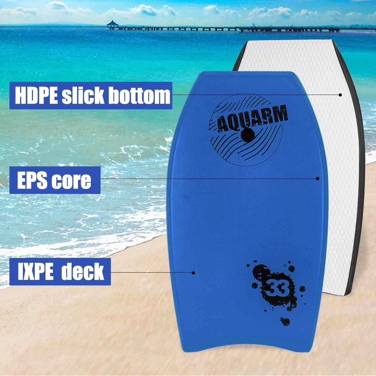 Bodyboard with Wrist Leash, 33-inch/37-inch/42-inch Lightweight Body Board with EPS Core and High-Speed Slick Bottom Surface, Perfect Surfing for Kids Teens and Adults