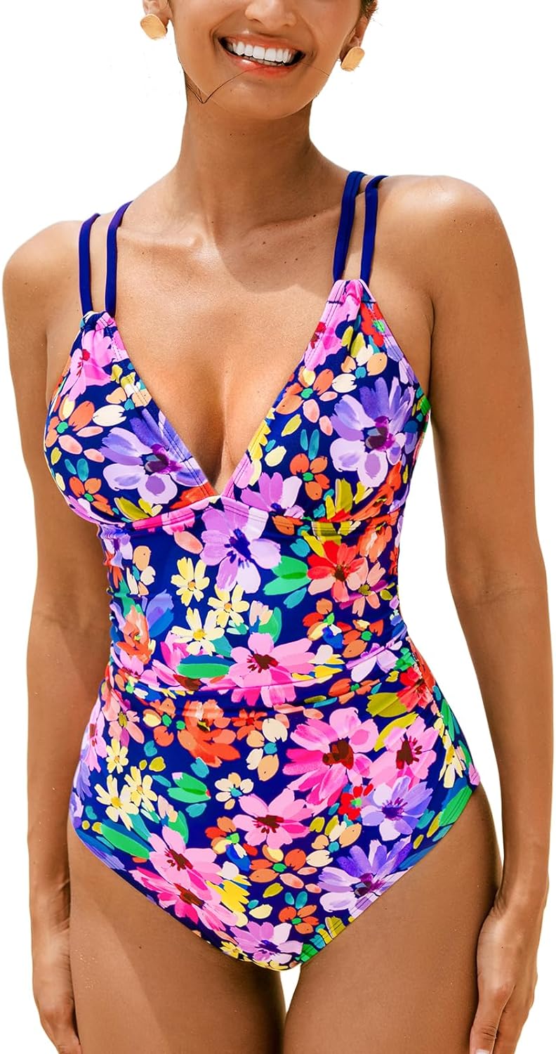 CUPSHE Women's One Piece Swimsuit V Neck Tummy Control Double Adjustable Straps Back Cutout O-Ring