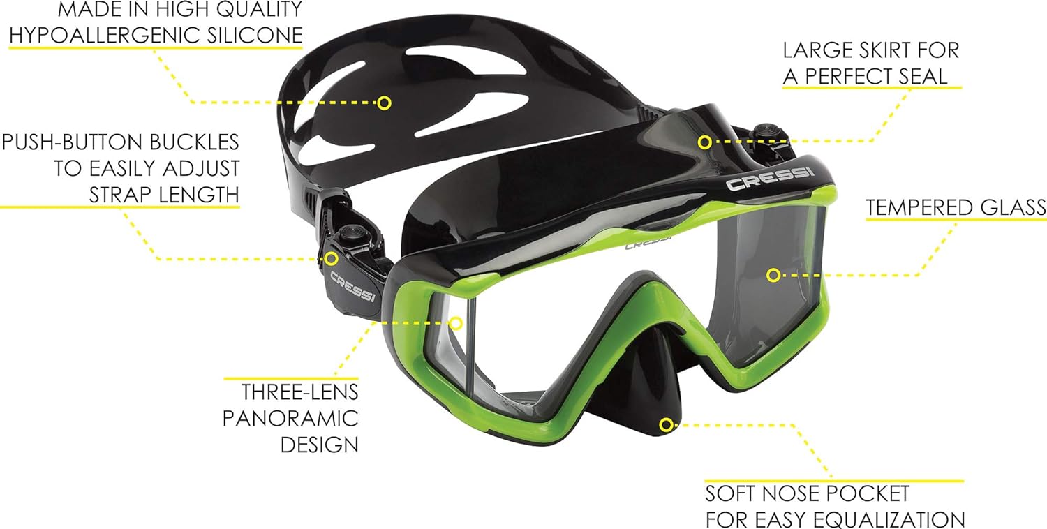 Cressi Panoramic Wide View Mask & Dry Snorkel for Snorkeling, Scuba Diving. Pano 3 + Supernova Dry: Designed in Italy