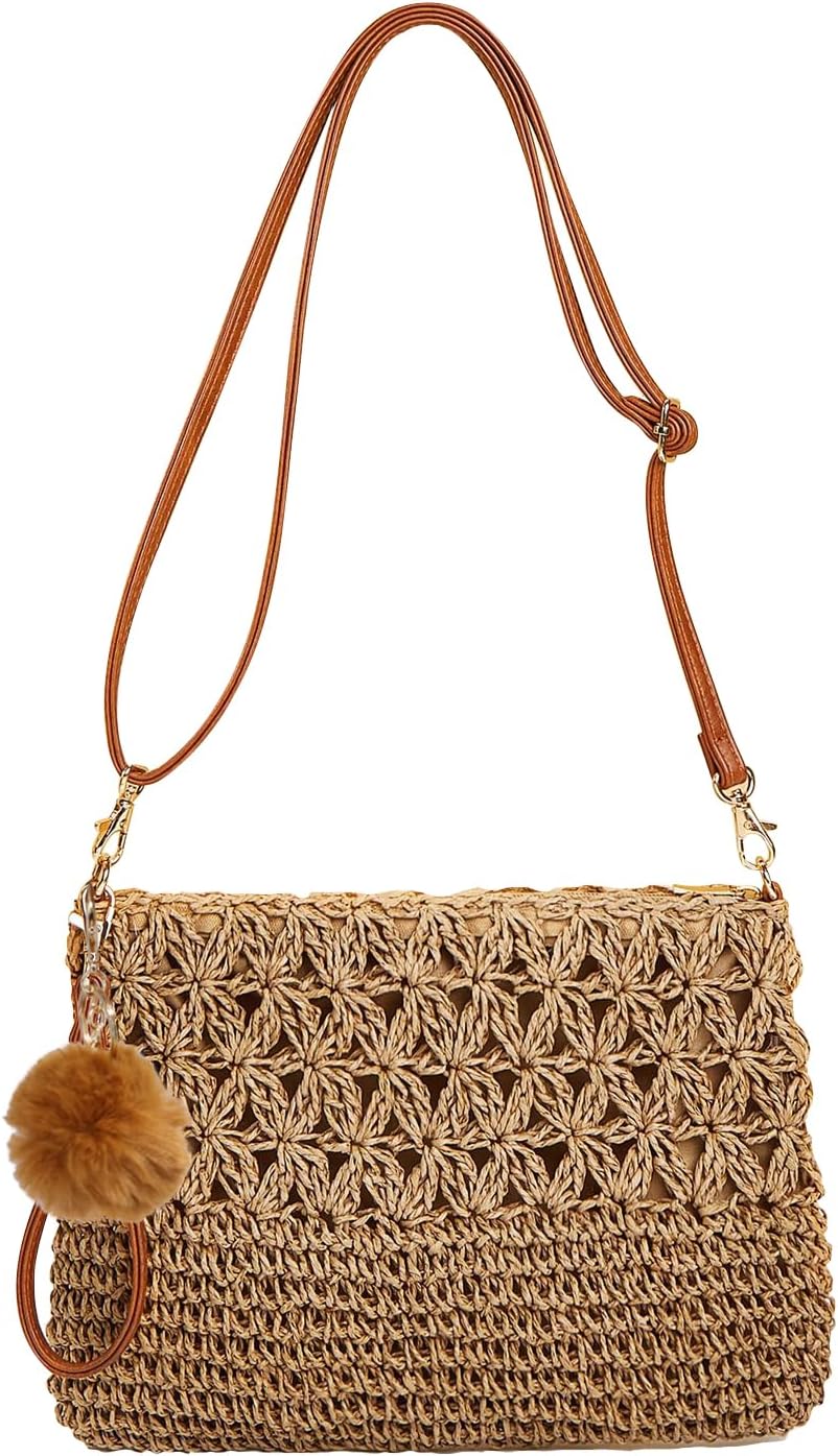 Straw Crossbody Bags Women Summer Woven Shoulder Purse Beach Wristlet Zipper