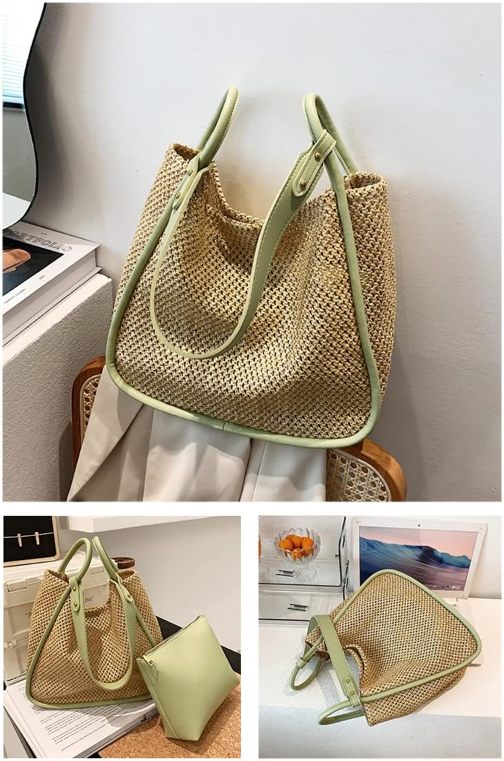 Women Faux Straw Bag Weave Tote Bag Summer Beach Bag Shoulder Bag Top Handle Bag Handbag 2 Pcs Set