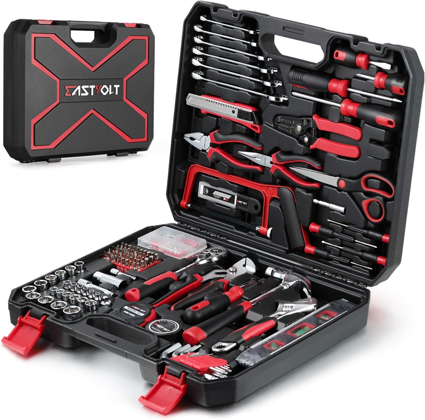 Eastvolt 218-Piece Household Tool Kit, Auto Repair Tool Set, Tool Kits for Homeowner, Plier, Screwdriver Set, Socket Kit and Toolbox Storage Case,Black + Red