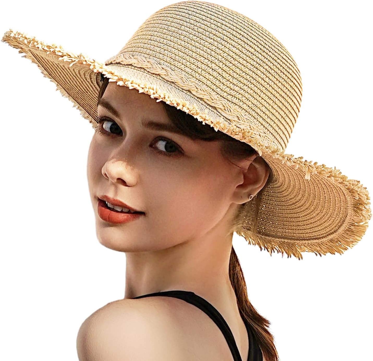 Beach Hats for Women, Wide Brim Sun Straw Hat for Women, UV Protection UPF 50+ Sun Hats, Collapsible Roll up Cap Beige