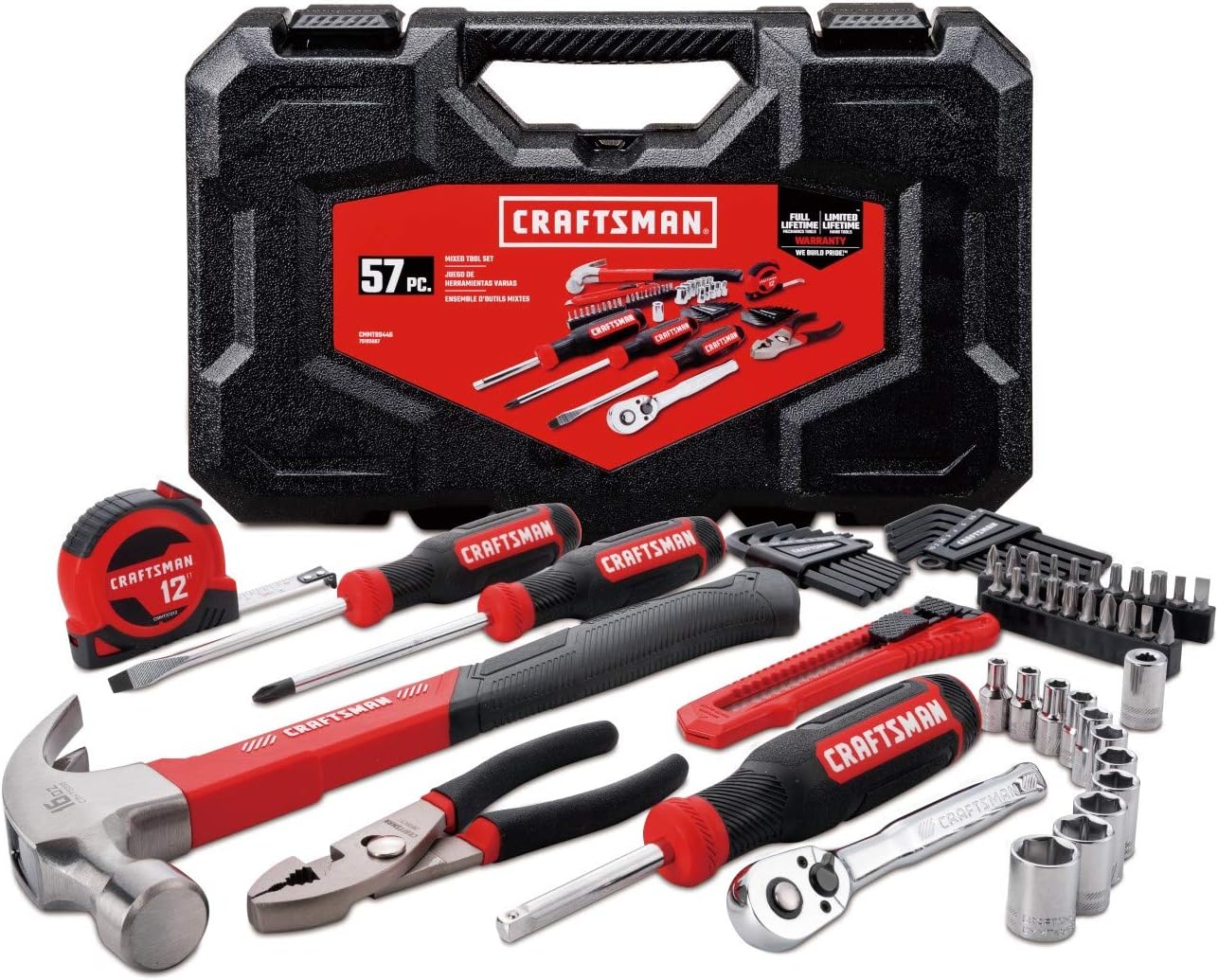 CRAFTSMAN Home Tool Kit / Mechanics Tool Set, 57-Piece, Hammer, Screwdrivers, Drill Bits, Sockets, Ratchet, Hex Keys, Tape Measure, Pliers and More (CMMT99446)