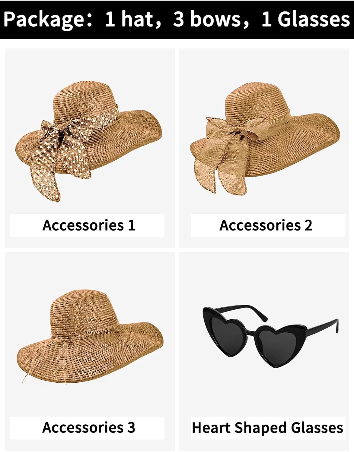 Womens Sun Hat - Wide Brim Floppy Beach Hats for Women Foldable Straw Hat with Heart Shaped Sunglasses UPF 50+