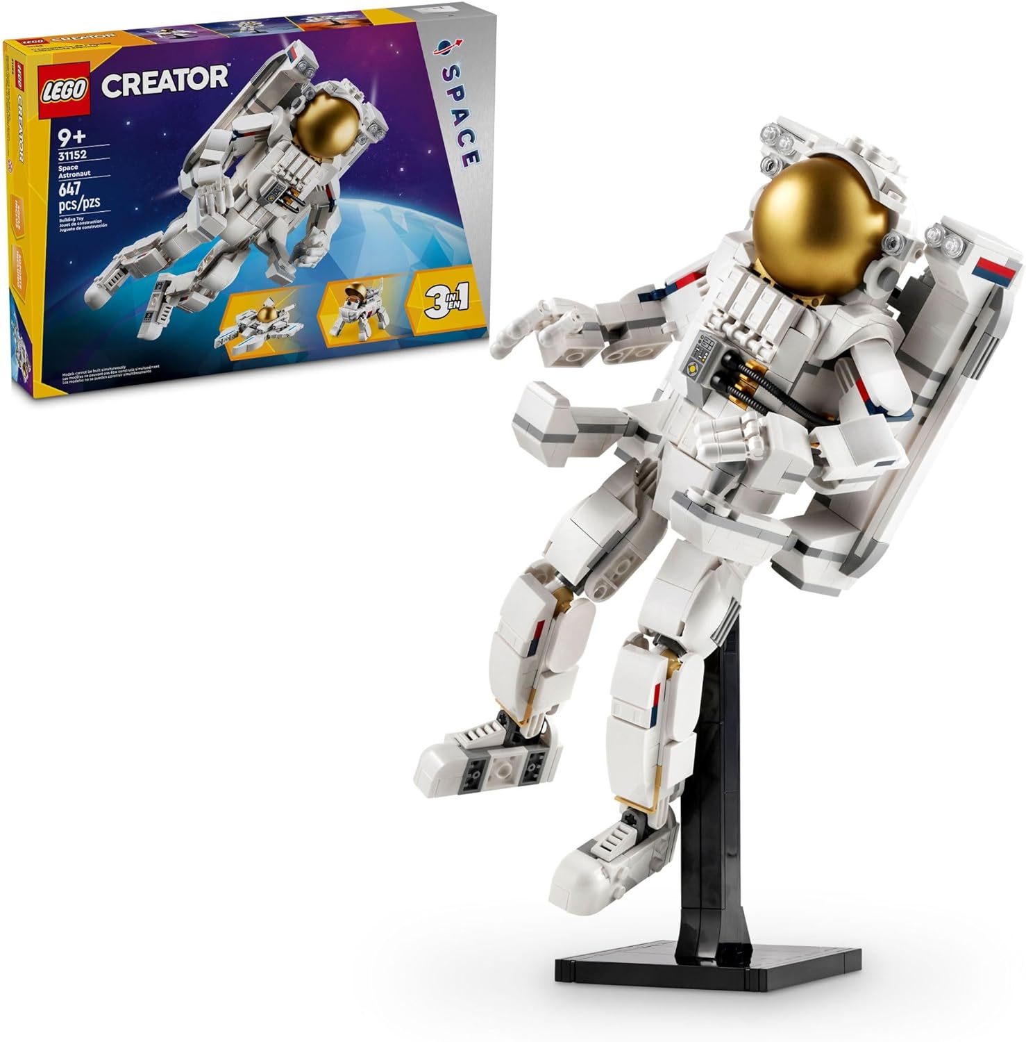 LEGO Creator 3 in 1 Space Astronaut Toy, Building Set Transforms from Astronaut Figure to Space Dog to Viper Jet, Space-Themed Gift Idea for Boys and Girls Ages 9 Years Old and Up, 31152