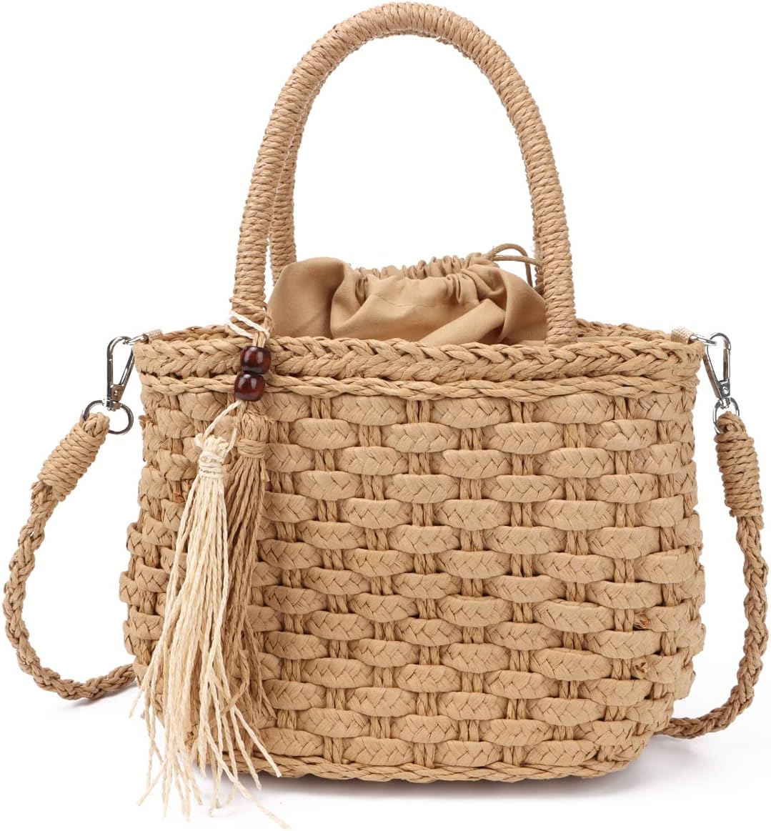 Ynport Straw Handbag Tote for Women Summer Beach Drawstring Rattan Bucket Bag Handmade Woven Hobo Shopping Purse