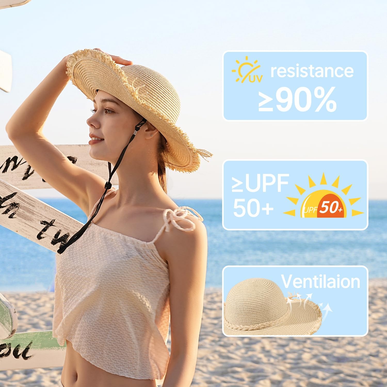 Beach Hats for Women, Wide Brim Sun Straw Hat for Women, UV Protection UPF 50+ Sun Hats, Collapsible Roll up Cap Beige