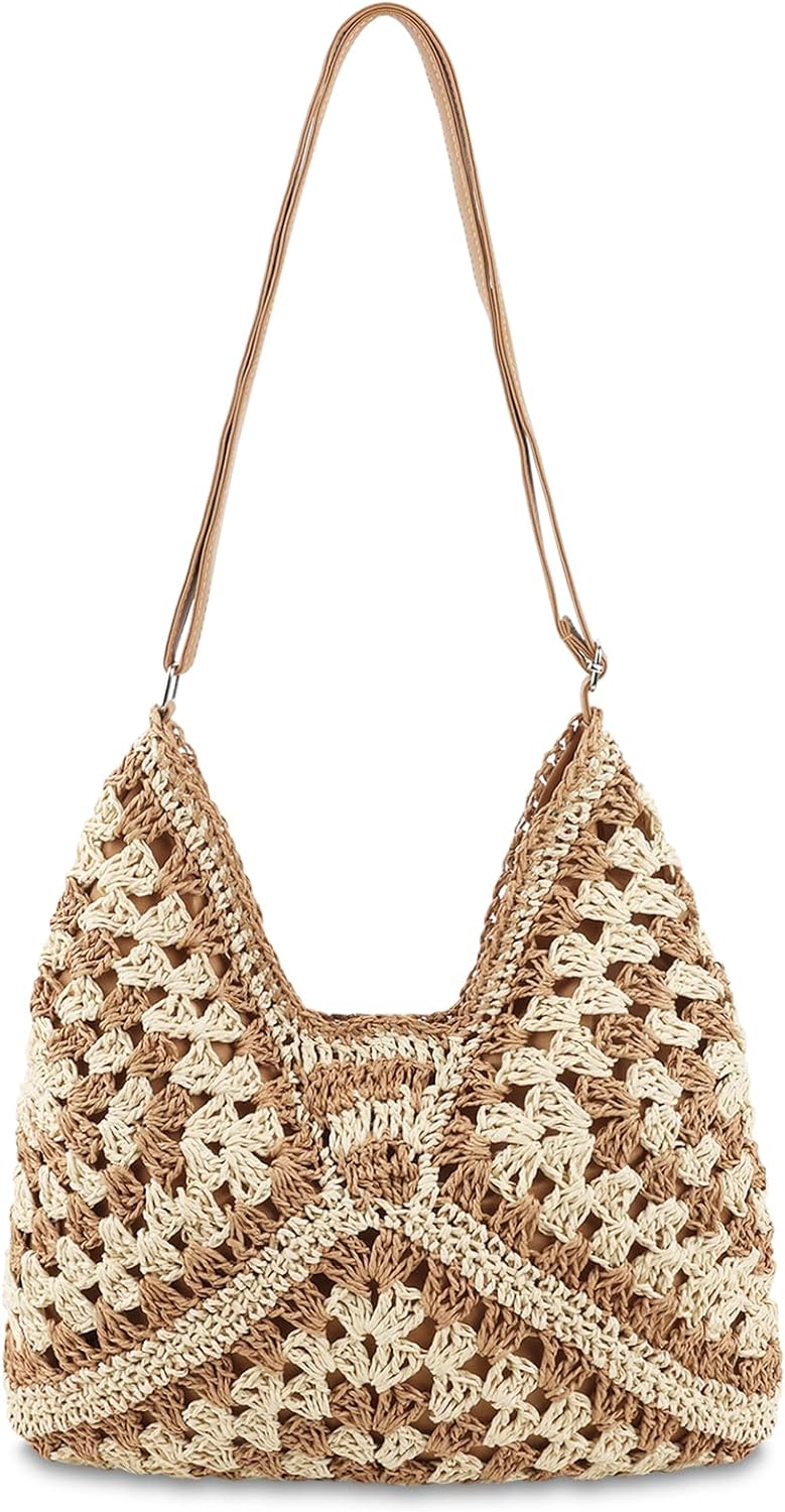 Straw Hobo Beach Bag for Women Girls, Woven Tote Bag Summer Crochet Shoulder Bag,Vintage Foldable Handbag for Travel