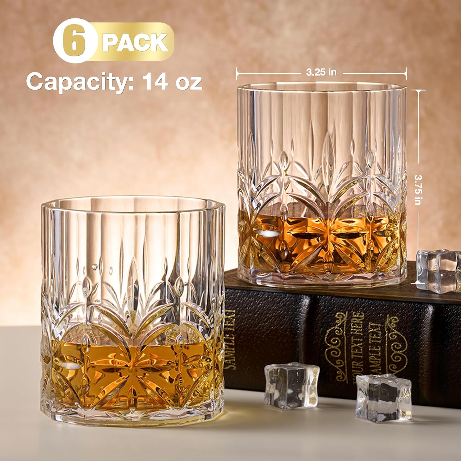 Unbreakable Tritan Plastic Whiskey Glasses Set of 6, 14 Oz Old Fashioned Glasses for Scotch Cocktail Rum Bourbon Vodka Liquor, Unique Gifts for Men, Reusable, Clear, BPA-free, Dishwasher Safe